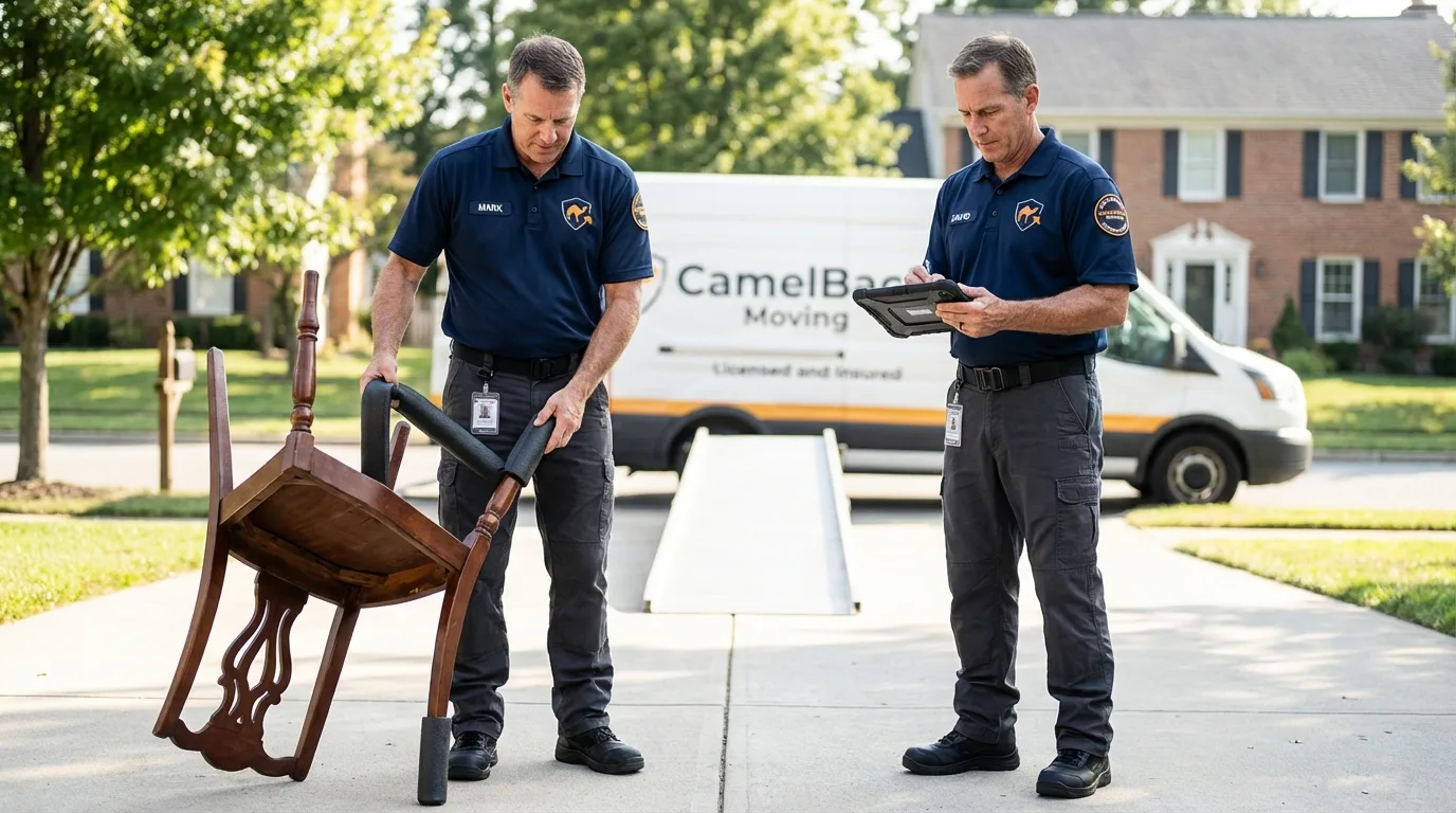 Movers inspecting furniture for damage prevention before loading in Saint Stephen, SC