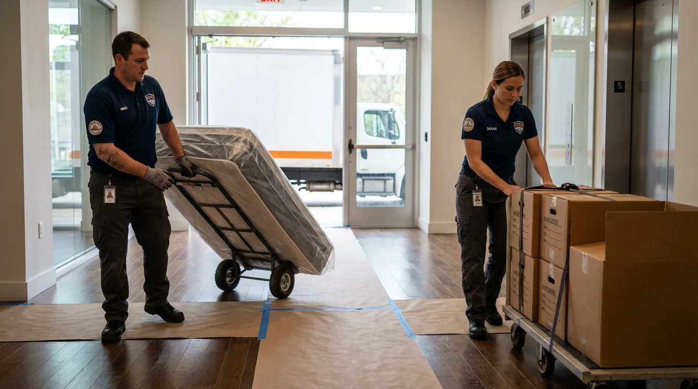 Professional apartment movers loading elevator in Saint Stephen, SC